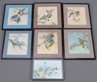 Seven Chinese prints on silk, studies of birds 23h x 16w and 16h x 22w 