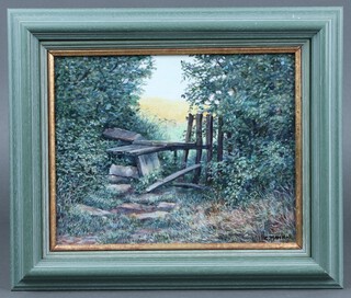 C. Mann, acrylic on board signed, "Marsh Green" study of a stile 18h x 24w, the reverse with Society of Women Artists label 