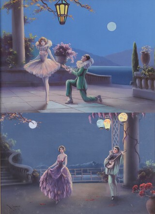 R. Cooper, Pierrot and a Lady on a Moonlit Terrace and Pierrot with a Mandola accompanying a Lady Dancing on a Moonlit Terrace, late 20th/early 21st century gouaches, both signed, 22cm x 34cm and within gilt frames