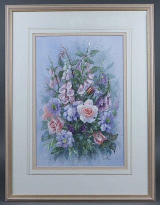 Dorothy Cress SGFA, watercolour, study of foxgloves and roses 42h x 28w 