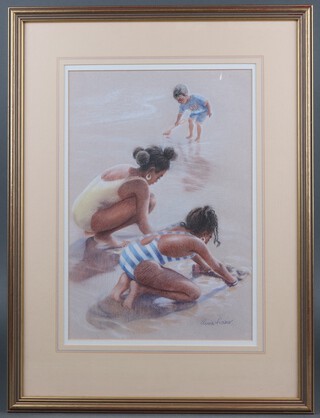Anne Fraser, watercolour, three children playing on a beach 37h x 25w 