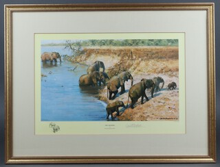 David Shepherd OBE, limited edition signed print no.1144/1500  "The Crossing"  elephants crossing a river, 30h x 43w, within a gilt frame 