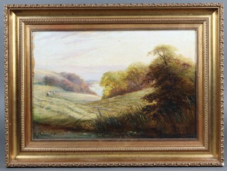 Dupont Roberts ?, oil on canvas, rural scene with figures mowing a meadow 29h x 46w (some paint loss to left edge) 