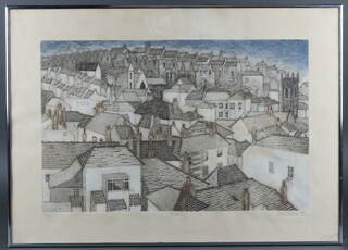 Valerie Thornton, limited edition coloured etching no.29/30 signed and dated '75 "Roof Tops" St Ives 40h x 65w 