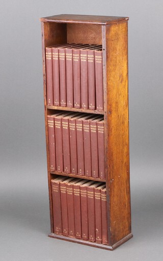A 1930's oak open bookcase fitted 3 shelves, containing a collection of Nelson Encyclopaedia 63h x 21w x 12d 