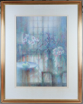 Pauline Fazakerley RI (British 20th century), watercolour "The Dining Table", the reverse with Mall Gallery label 69h x 50w 