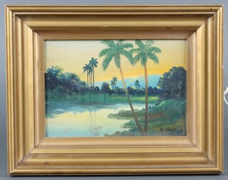 M Perna, oil on cigar box panel "The Oasis" 12h x 19w within a gilt frame