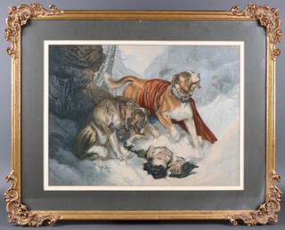 A Baxter print, St Bernards rescuing a man in an avalanche 44h x 59w within a decorative gilt frame