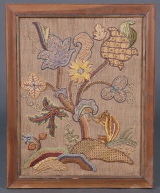 A stumpwork floral panel decorated a squirrel and dated 1930, 58cm x 44cm, contained in an oak frame