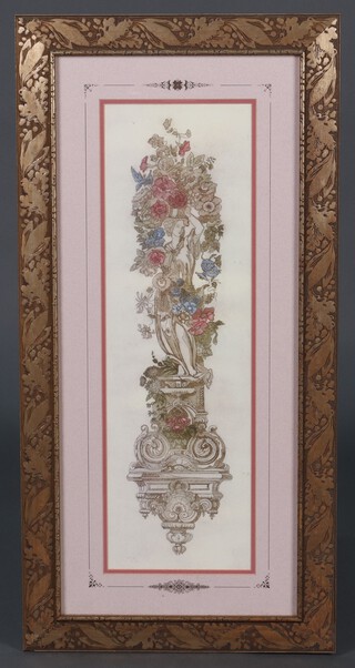 An Art Nouveau style coloured print Classical lady with garlands  75cm x 31cm contained in a carved wooden frame