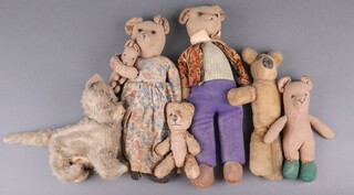 A 1930's felt figure of a bear 39cm (old moth), 1 other of a lady bear, together with 3 figures of bears and 1 of a cat 