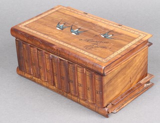An inlaid Rio de Janeiro trinket box in the form of books, the hinged lid inlaid birds 10h x 23w x 14d and a green leather jewellery box 