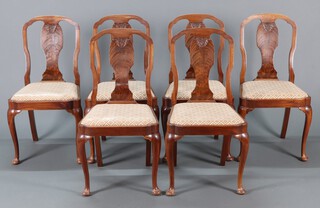 A set of 6 1940's Queen Anne style slat back dining chairs with upholstered drop in seats, raised on cabriole supports 93h x 48w x 44d 
