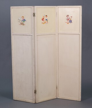 A 1930's nursery three fold dressing/draught screen painted figures of animals 145cm h x 122cm w