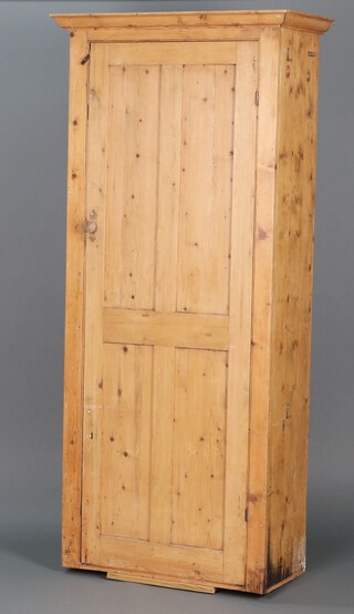 A 19th Century pine cabinet with moulded cornice and shelved interior enclosed by a panelled door 179h x 80w x 41d 