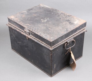 A George V rectangular twin handled metal deed box (lock and hinge a/f), the lid with crowned Royal cypher and paper label to the side 29h x 46w x 34d 