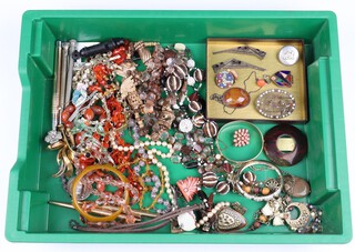 A quantity of costume jewellery including a gilt metal buckle set green, white and violet stones, brooches, pens, bakelite whistle, beads, bangles, wristwatch etc 