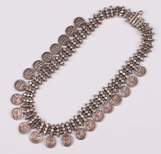 A white metal necklace hung Eastern coins 43cm 