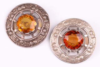 Two Scottish pierced metal plaid brooches set amber coloured stones 6cm 