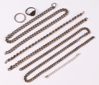 A curb link chain 39cm, 1 other (a/f) 46cm, a section of curb link chain 17cm, a rope twist bracelet 17cm and 2 dress rings 