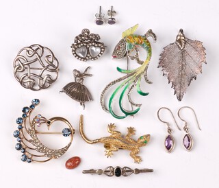 A 900 brooch set 2 "moonstone" cabochon cut hearts, a silver brooch in the form of a ballerina and  a collection of brooches 