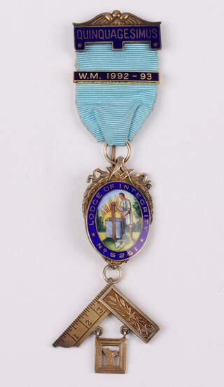 A Masonic silver gilt and enamelled Past Master's jewel, Lodge of Integrity no.5251, 44 grams including ribbon and plated bar 