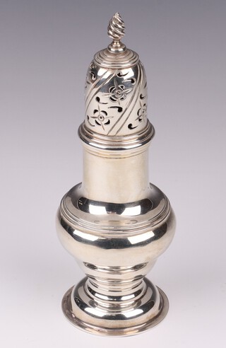 A Georgian style silver sugar caster of baluster form London 1996, by Rodney Clive Pettit, 16cm, 157 grams 