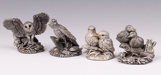 Four Country Artists Sterling silver filled hallmarked figures - cock pheasant, owl, pair of king fishers and pair of ducks 5cm 