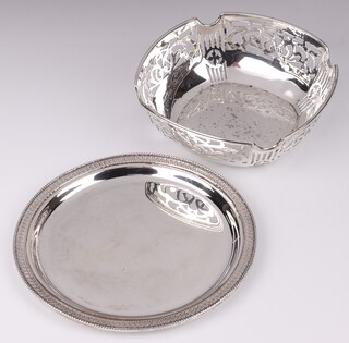 A square pierced silver dish Chester 1915 13cm, 121 grams (2 small dents to the base), together with a Continental marked 800 platter 15cm 118 grams 
