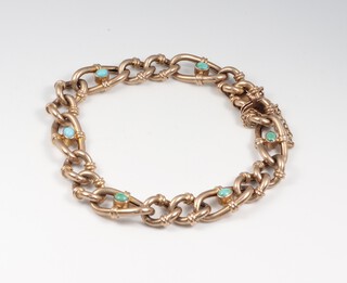 A Victorian hollow gold, stamped 9ct, curb link and turquoise set bracelet, 18cm, 14 grams gross