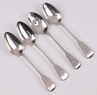 A set of 4 Georgian silver fiddle pattern teaspoons, monogrammed, London 1809 by John Lias, 61 grams 