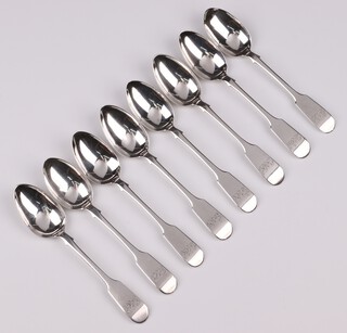 A set of 8 Victorian silver Old English pattern teaspoons, monogrammed, Glasgow 1865 by William Coghil, 130 grams 
