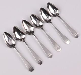 Six Georgian silver old English pattern teaspoons, monogrammed D, Newcastle, 70 grams 