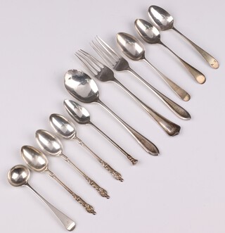 Three silver apostle spoons Sheffield 1912, a silver spoon and fork Birmingham 1944 (spoon bent), 3 Old English pattern teaspoons, a coffee spoon, mustard spoon and a pudding fork, 178 grams 