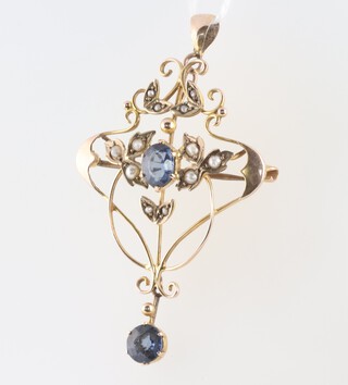 A Victorian 9ct gold sapphire and pearl set pendant 2.9 grams gross, 4.5cmx 3cm