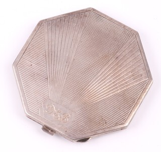 An Art Deco octagonal silver powder compact with engine turned decoration Birmingham 1948 by Deakin & Francis, monogrammed DEB, 86 grams including mirror 