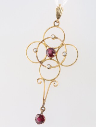 A 9ct gold pearl and garnet set pendant, 6cm, 2 grams gross