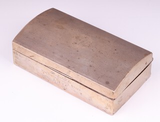 An engine turned silver cigarette box with domed hinged lid, monogrammed, marks rubbed, 6cm h x 16cm w x 9cm d 