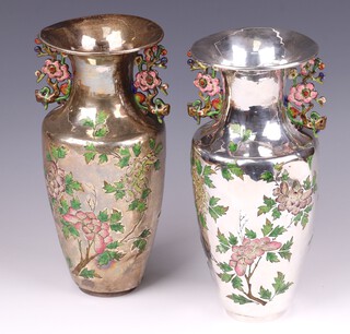 Heng Li of Tianjin, a pair of early 20th Century Chinese export silver and enamelled vases decorated prunus flowers, circa 1900, height 25cm, 950 grams gross 