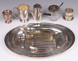 A Romney oval silver plated meat platter, silver plated side handled coffee pot marked Harrods, tankard, glass preserve jar and cover and a small collection of plated flatware 