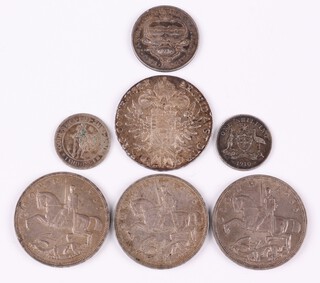 A Thaler, 3 George V 1935 Jubilee crowns, a 1927 Australian florin, a 1910 Australian Florin and a 1923 South African shilling, 136g