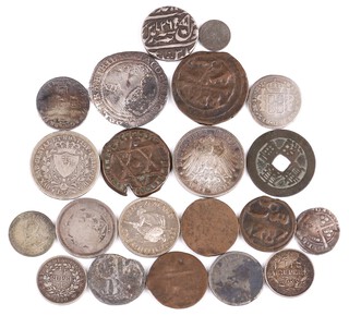 A collection of world, mainly silver coinage (some bronze) to include James I crown Edward I penny, also coinage from India, Germany, Sardinia etc