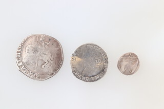 A Charles I half crown, a sixpence and a Commonwealth half groat 