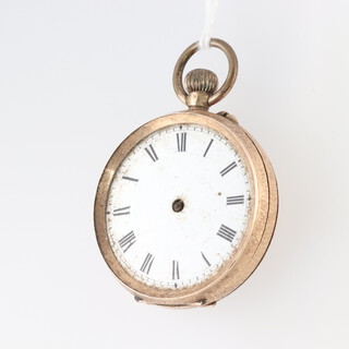 A fob watch with enamelled dial contained in an engraved 14ct gold case, 28 grams gross 