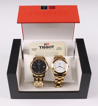 A gentleman's Tissot wristwatch with brown dial, batons and calendar aperture, on a gilt metal integral bracelet, the reverse numbered T033410A 11JA0144782 and 1 other with white dial marked PR50 numbered J376/476, boxed