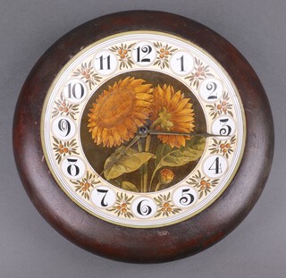 A 19th Century Continental wall timepiece, the pottery dial decorated sun flowers and with Arabic numerals, contained in a turned wooden case 31cm 