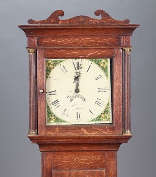 An 18th Century 30 hour longcase clock, the 27cm square painted dial with Roman numerals, minute indicator and calendar aperture, complete with pendulum and key, contained in an oak case 202cm high 
