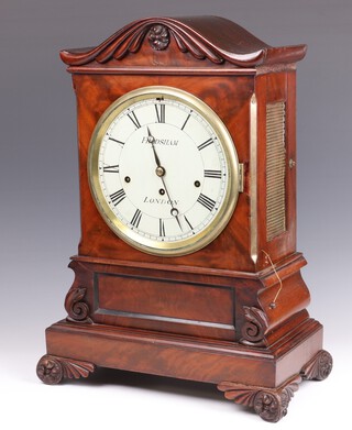 A William IV double fusee bracket clock, striking on 8 bells and a gong, the 20cm painted dial with Roman numerals marked Frodsham London, with 16cm plain unsigned back plate, contained in a shaped mahogany case 55cm h x 40cm w x 21cm d 
