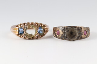 A 9ct gold ring mount, set 2 (ex 3) paste blue stones 2.6 grams gross and a gilt metal ring (a/f)