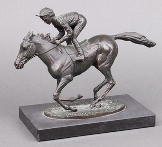 After David Cornell, a bronze figure "Champion Finish" on a rectangular black marble base dated 1985, study of Lester Pigott on Nijinsky, 16cm h x 19cm w x 11cm d 